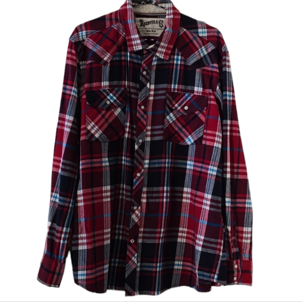 ROEBUCK & CO. MENS RED PLAID FLANNEL FRONT SNAP SHIRT SIZE XL